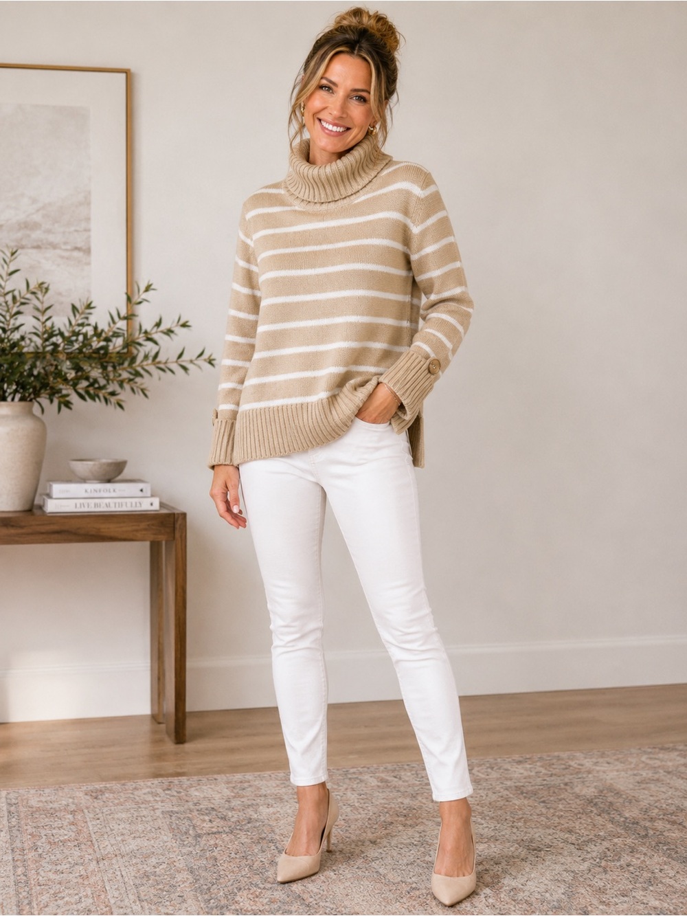 Jones New York Women’s Medium Striped Turtleneck Sweater Beige Cream NWOT